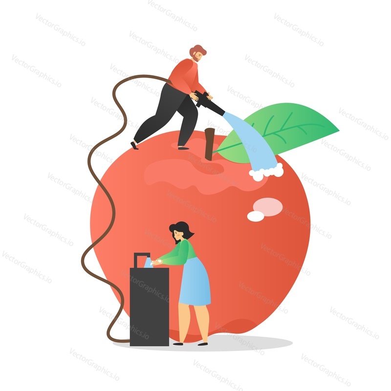 Man and woman washing hands and fresh apple thoroughly with water, vector flat illustration. Personal hand hygiene, fruit and vegetable cleaning to prevent respiratory coronavirus disease spread.