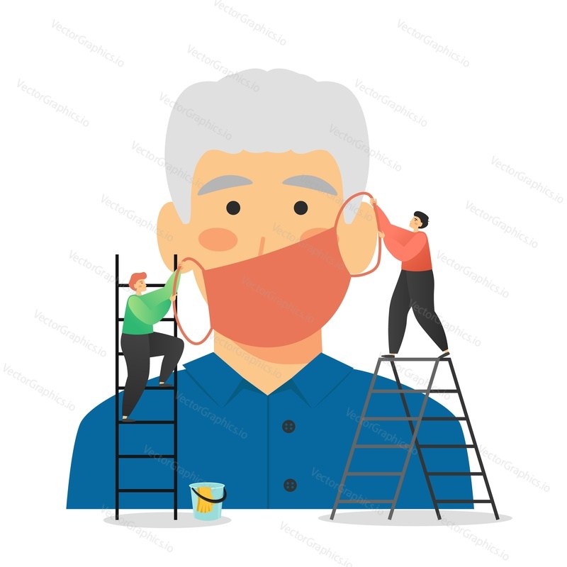 Two micro male characters putting medical mask on huge man face, vector flat illustration. Safety and security, personal health, face protection, coronavirus Covid-19 disease prevention and protection