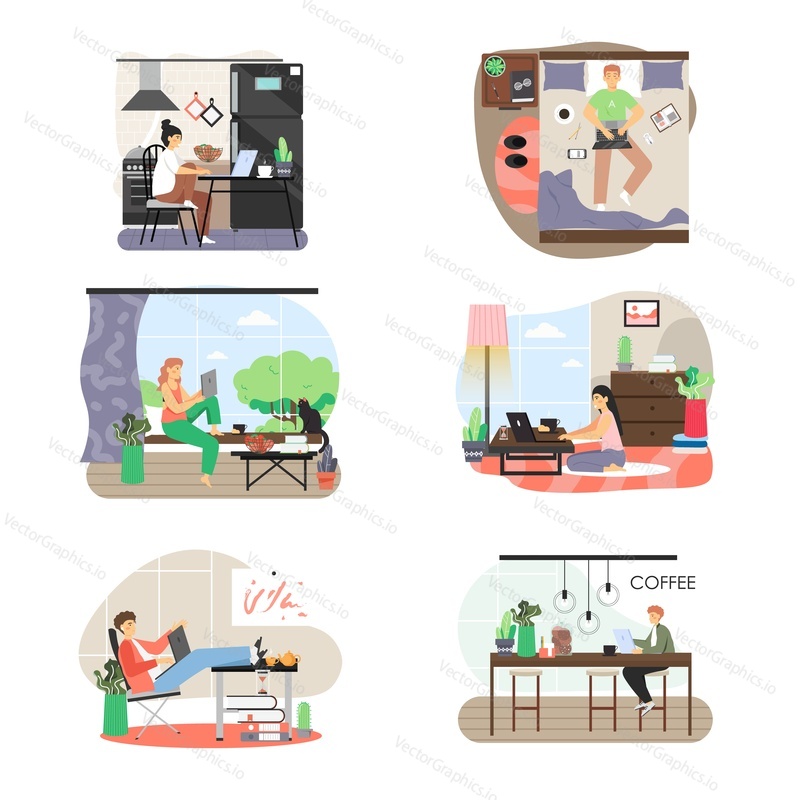 Freelance set. People working from home office, coffee shop, flat vector illustration. Freelancer cartoon characters working, studying in bedroom, kitchen, living room. Remote work, distance education