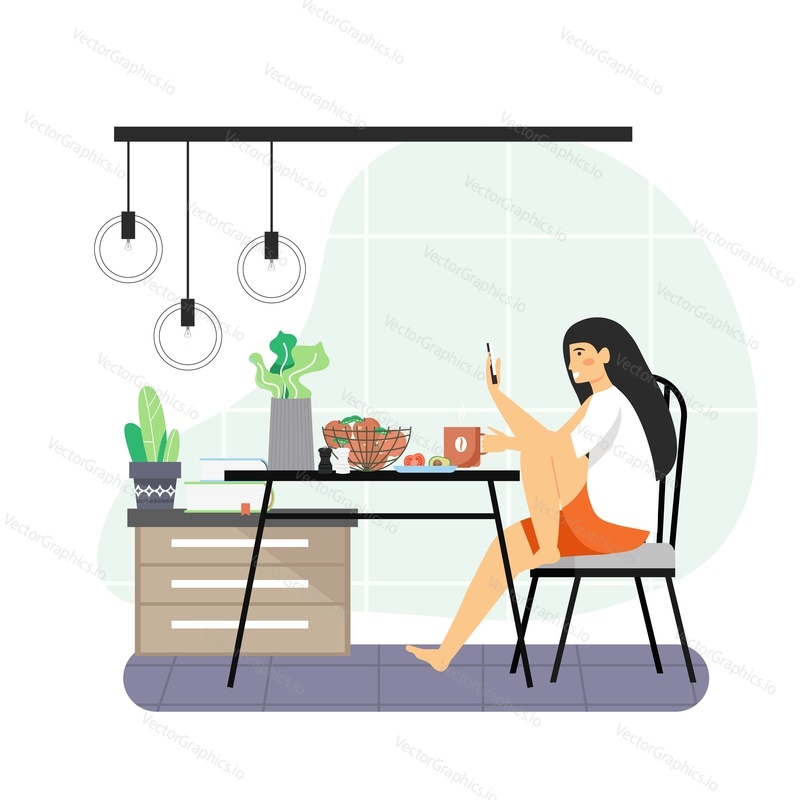 Daily life. Young woman having breakfast at home, flat vector illustration. Happy girl sitting at table, eating, drinking coffee and using smartphone. Daily morning routine, everyday activities.