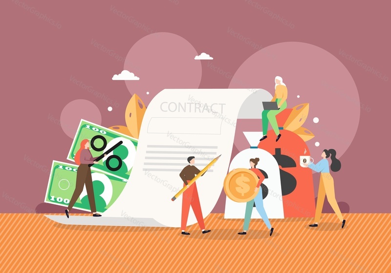 Business people signing contract paper document, flat vector illustration. Tiny male and female characters signing financial agreement.