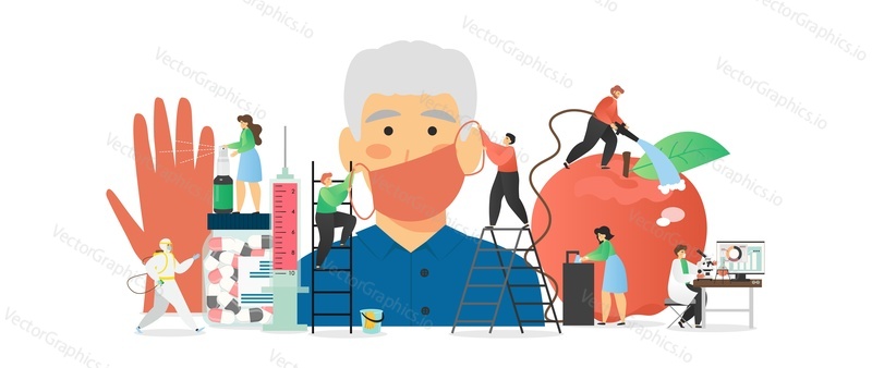 Disinfection, personal and food hygiene during corona virus pandemic, vector flat illustration. Washing hands, fruit and vegetables with water, wearing medical mask, vaccine development to fight virus