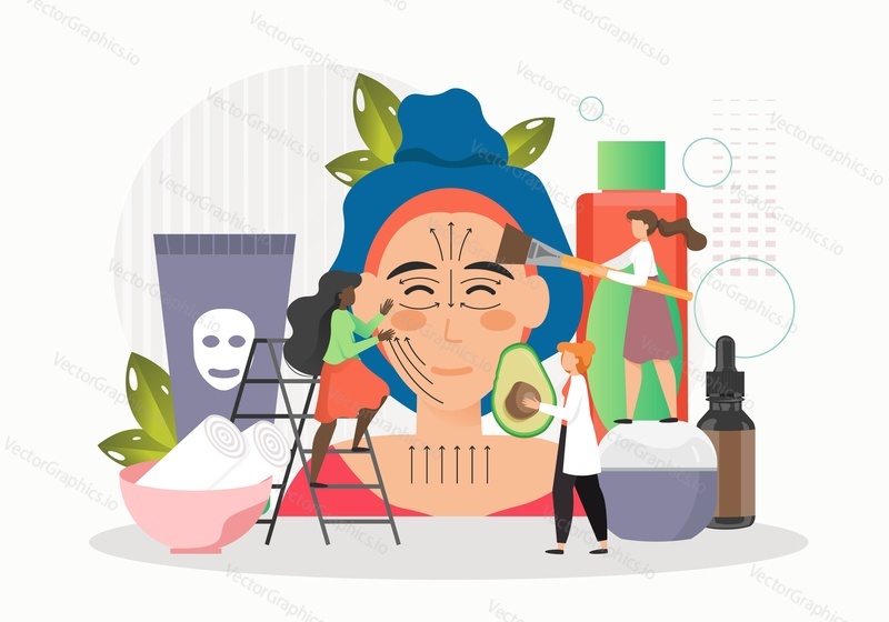 Woman getting face massage, flat vector illustration. Massage therapist female cartoon characters applying oil or cream on face skin. Beauty spa procedure, facial treatment.