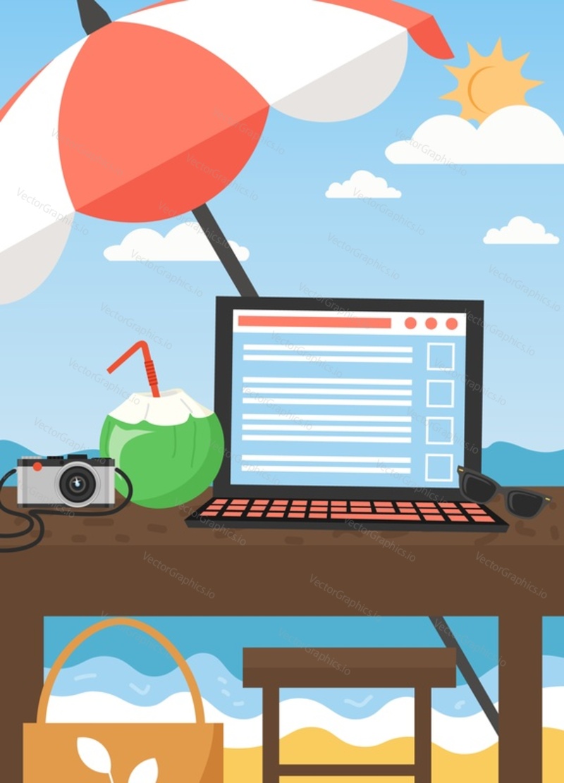 Workplace on summer tropical beach vector poster template. Laptop computer, pina colada cocktail, camera, sunglasses on table under beach umbrella. Freelance, remote working place, flat style design.