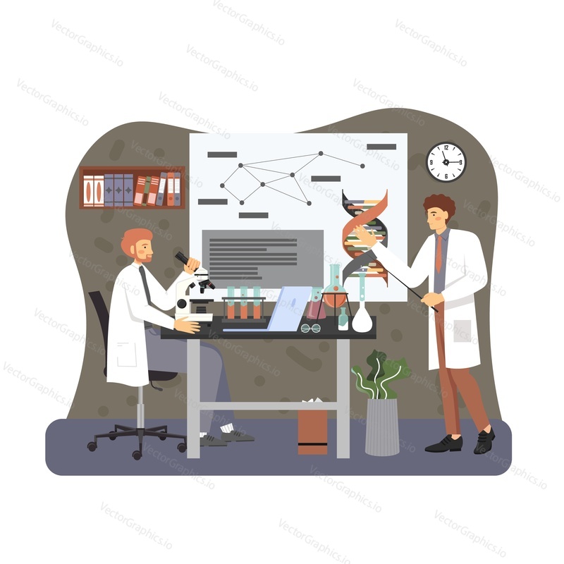 Genetic science laboratory. Researchers, scientists male characters in white coats studying dna with lab equipment, flat vector illustration. Biotechnology, genetic engineering, science and education.
