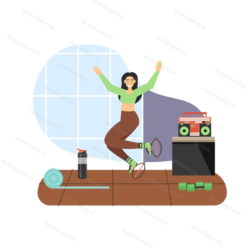 Sport and fitness activities. Young woman doing kangoo aerobic exercises, flat vector illustration. Kangoo jumps training. Fitness gym workout. Active and healthy lifestyle.