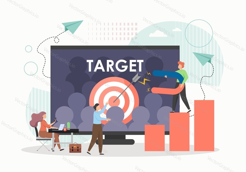 Business man attracting potential customers with magnet, flat vector illustration. Targeting, digital marketing campaign, customer retention, inbound marketing.