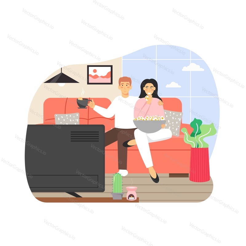 Happy family couple spending free time at home. Young man and woman watching tv together sitting on sofa, flat vector illustration. Hobby and leisure activities.