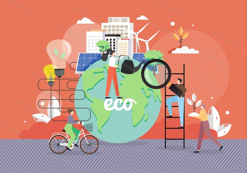 Green eco city, alternative energy sources, people taking care of planet Earth ecology, riding bike, flat vector illustration. Eco friendly lifestyle. Save energy and planet, environmental protection.