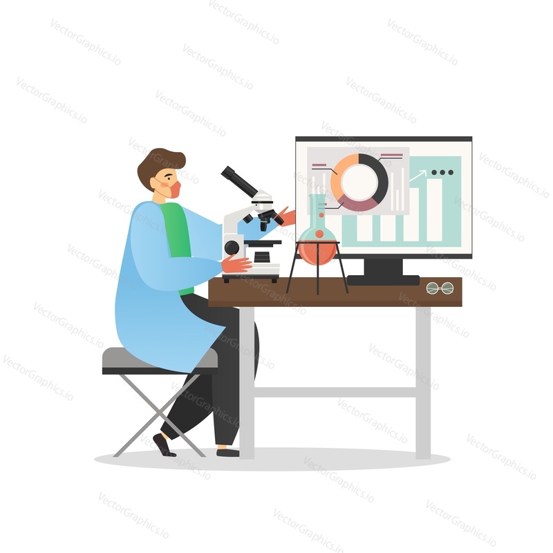 Young man in lab coat, medical mask sitting at table and looking through microscope, vector flat illustration. Scientist virologist working in medical lab. Coronavirus research, antiviral drug testing