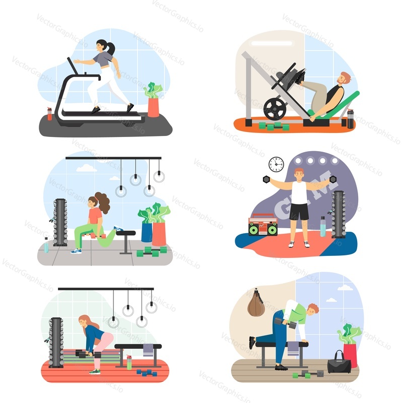 Fitness gym set, flat vector illustration. People doing arm, leg, glute exercises with dumbbells, running on treadmill. Leg press, lunges, deadlift, triceps, biceps gym workout. Healthy lifestyle.