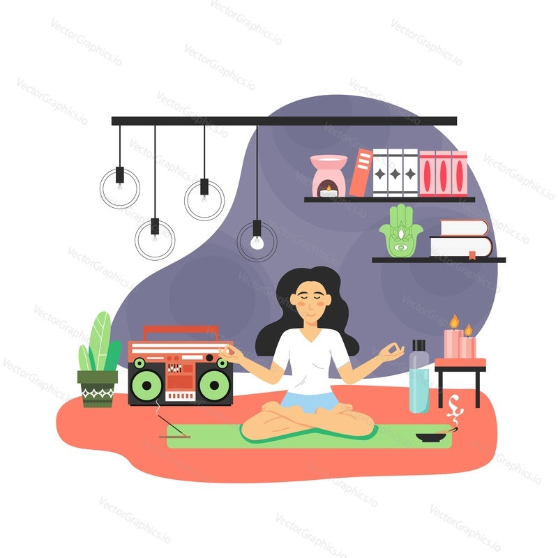 Happy woman spending time at home. Cute girl doing yoga sitting in lotus position, enjoying meditation, flat vector illustration. Home fitness, everyday workout routine, female yoga, healthy lifestyle