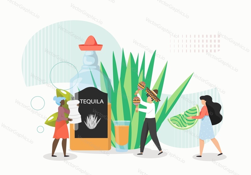 Female cartoon characters serving tequila drink with salt and lime, flat vector illustration. People drinking mexican traditional tequila from blue agave plant, musician in sombrero playing maracas.