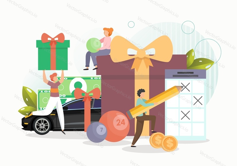 Giant gift box, lucky balls, tiny characters playing lottery games, flat vector illustration. Happy people winning prizes. Lottery gambling, Prize draw.