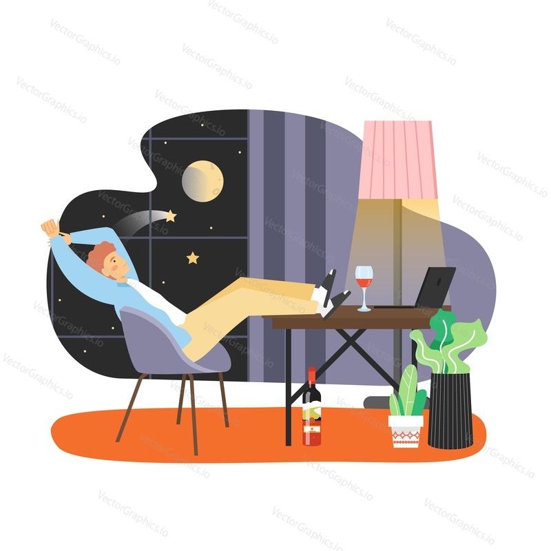 Young man working from home office at night, flat vector illustration. Freelance employee working on laptop with glass of wine while sitting in chair and putting his feet on table. Remote work.