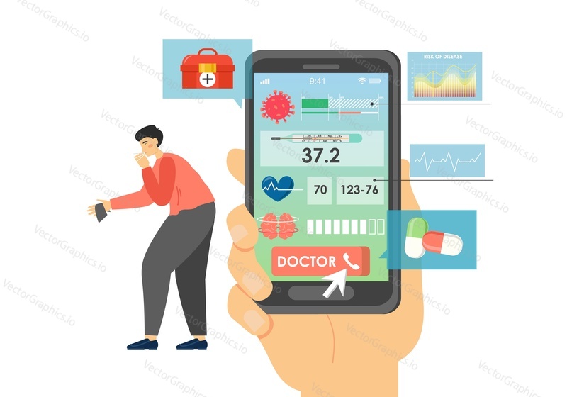 Hand holding smartphone with medical testing app on screen and coughing man, vector flat illustration. Dry cough, difficulty breathing, coronavirus symptoms, call doctor for medical consultation.