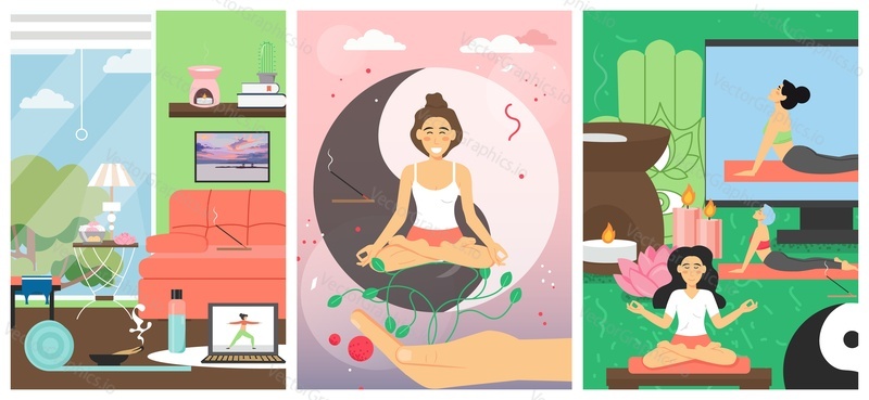 Занятия йогой для женщин, набор шаблонов векторных плакатов. Онлайн-уроки йоги и медитации, здоровый образ жизни, онлайн-коучинг, велнес, спа-услуги, иллюстрация дизайна в плоском стиле.