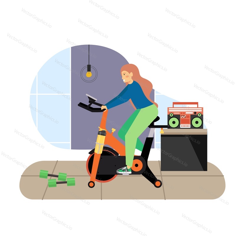 Sport and fitness activities. Young woman riding stationary exercise bike, flat vector illustration. Girl taking indoor cycling classes. Fitness gym, cardio workout. Active and healthy lifestyle.