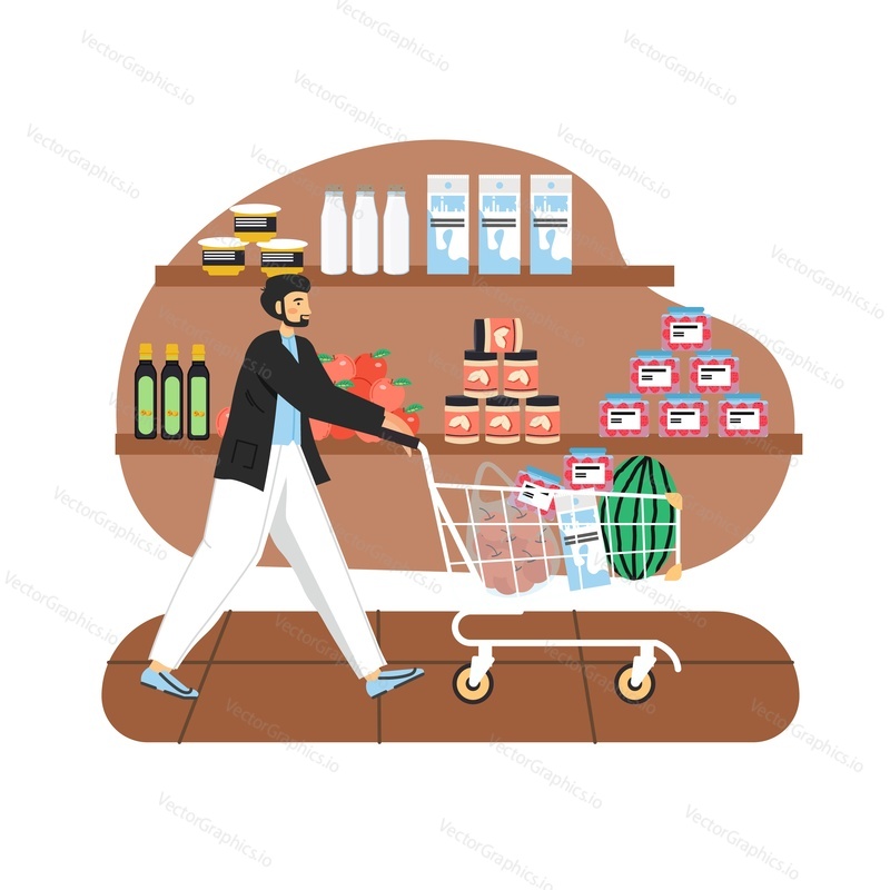 Grocery store. Man with trolly full of food products, flat vector illustration. Grocery shop interior. Milk, oil, fruit, canned food on shelves. Shopper with shopping cart in supermarket, mall, grocer