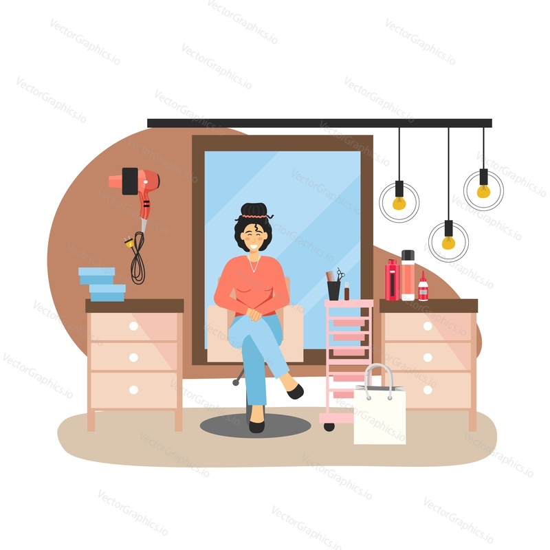 8 March, Womens Day. Happy woman taking rest spending her day off at beauty and hair salon, flat vector illustration. Cute girl pampering herself with styling her hair. Happy holiday.