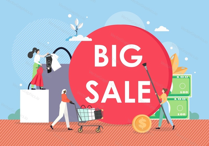 Big sale promotion banner template. Female cartoon characters shopping for clothes, flat vector illustration. Happy women with shopping bags. Retail sales and discounts flyer, poster etc.