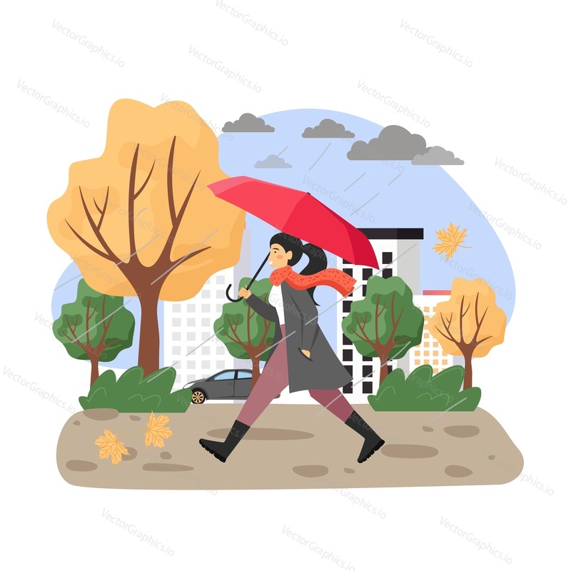 Autumn season. Girl under umbrella walking in the rain, flat vector illustration. Young woman wearing coat and rubber boots walking along the street. Fall scenery. Rainy autumn weather.