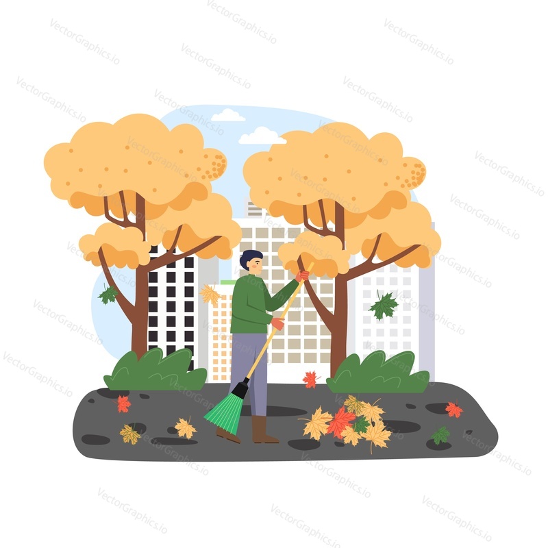 Autumn season. Man janitor cleaning street from autumn leaves with broom, flat vector illustration. Fall scenery. Street cleaner working in city park.