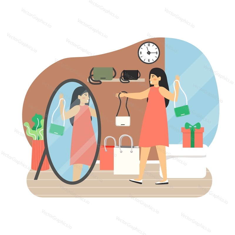Young brunette woman in red dress choosing modern handbag in front of mirror in fashion boutique, flat vector illustration. Women store, beauty and fashion concept.