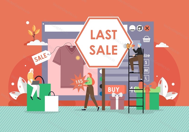 Last sale. Retail online store. Male and female characters with megaphone, price tags, gift boxes, flat vector illustration. Online deals, discounts and clearance sales.