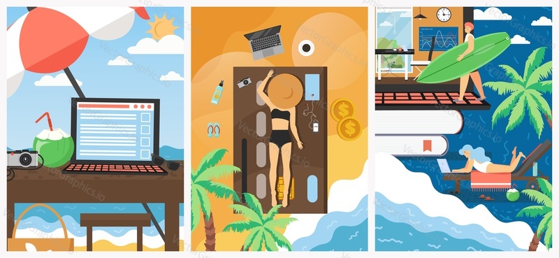 Freelance during summer vacation, vector poster template set. Workplace on summer tropical beach, people relaxing, working and enjoying beach activities. Work remotely and travel the world.