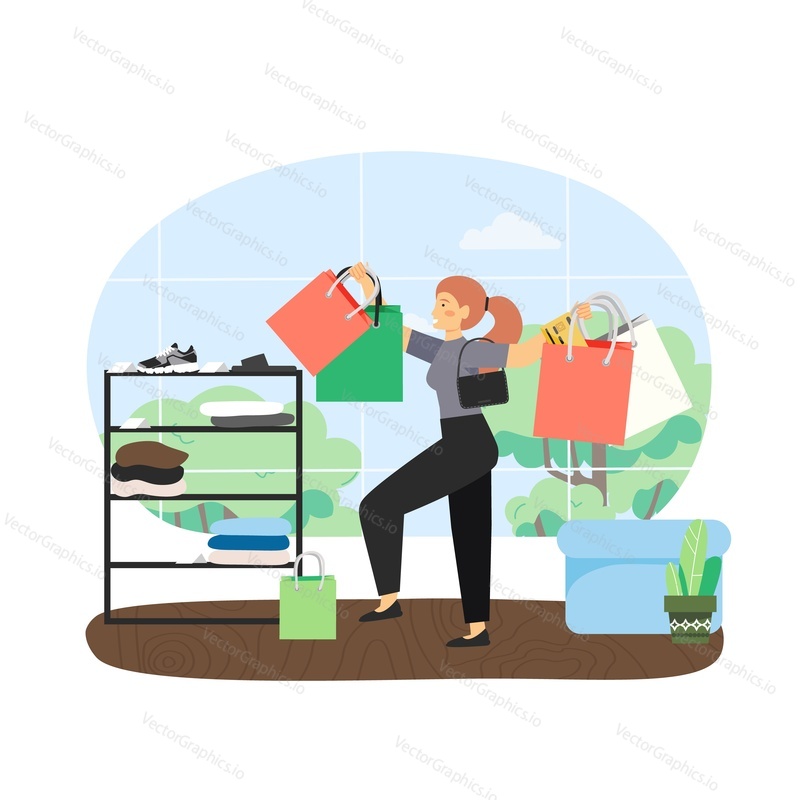 Young woman enjoying shopping. Happy girl with bunch of shopping bags in fashion boutique, flat vector illustration. Women clothing retail store business.