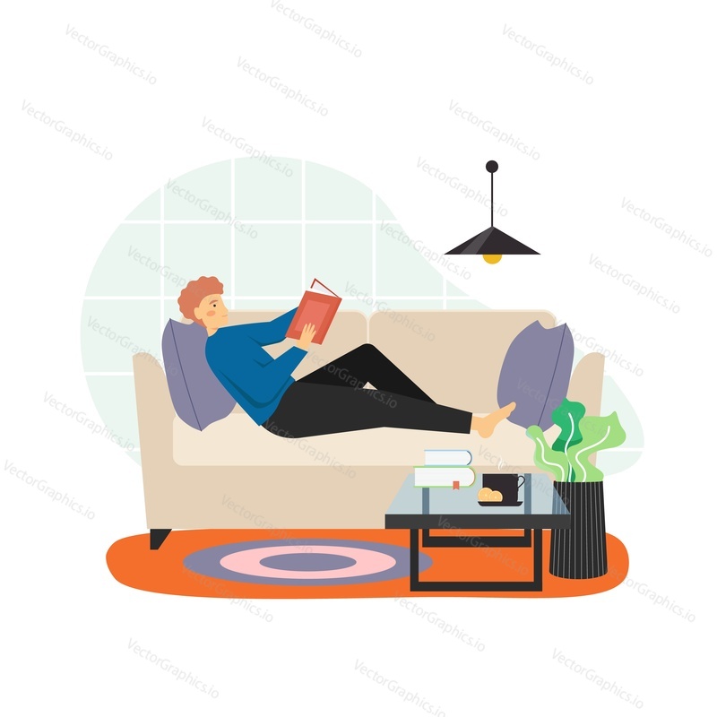 Young man reading book lying on sofa, flat vector illustration. Male cartoon character studying, taking rest at home, enjoying reading magazine in free time. Hobby and leisure activity, education.