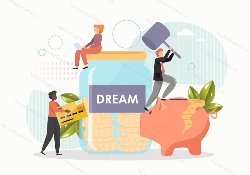 Giant glass jar, piggy bank with gold coins, tiny male, female characters with hammer, bank card, flat vector illustration. People collecting money to fulfill their dream. Money savings, bank deposit.
