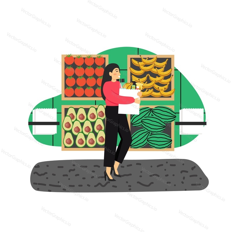 Daily life. Young woman shopping for groceries, flat vector illustration. Girl standing with shopping bag full of food products in grocery store, supermarket. Daily routine, everyday activities.