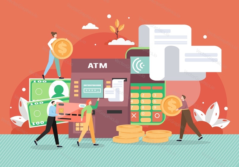 ATM machine and mobile phone with invoices. People making money transactions from bank accounts, flat vector illustration. Mobile banking, internet payment. Technology of electronic funds transfer.