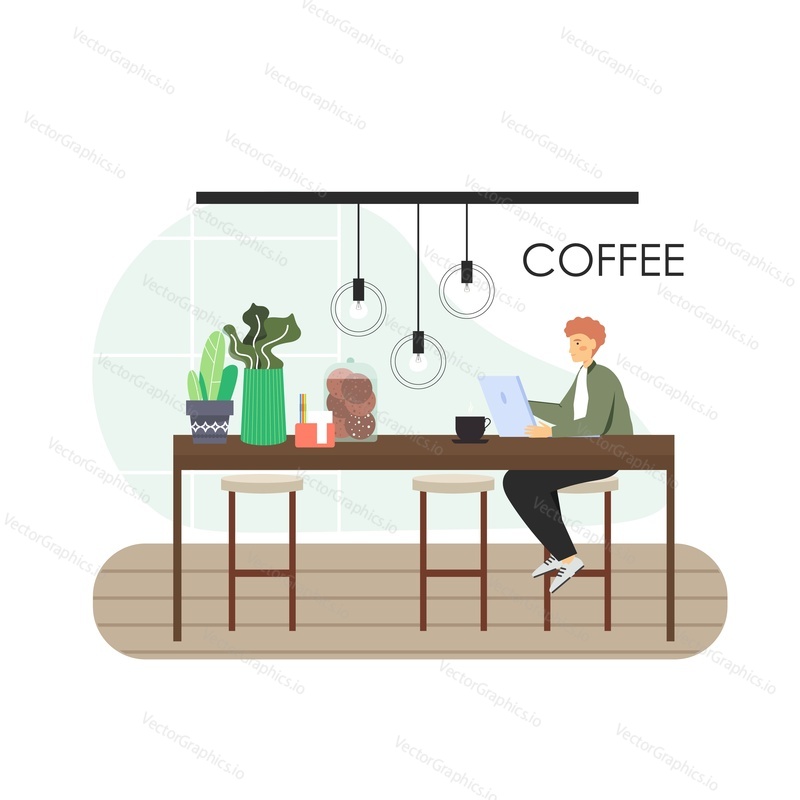 Freelance. Young man working from coffee shop, flat vector illustration. Cafe workplace. Freelancer male character working on laptop and drinking coffee sitting at table. Remote work, online learning.