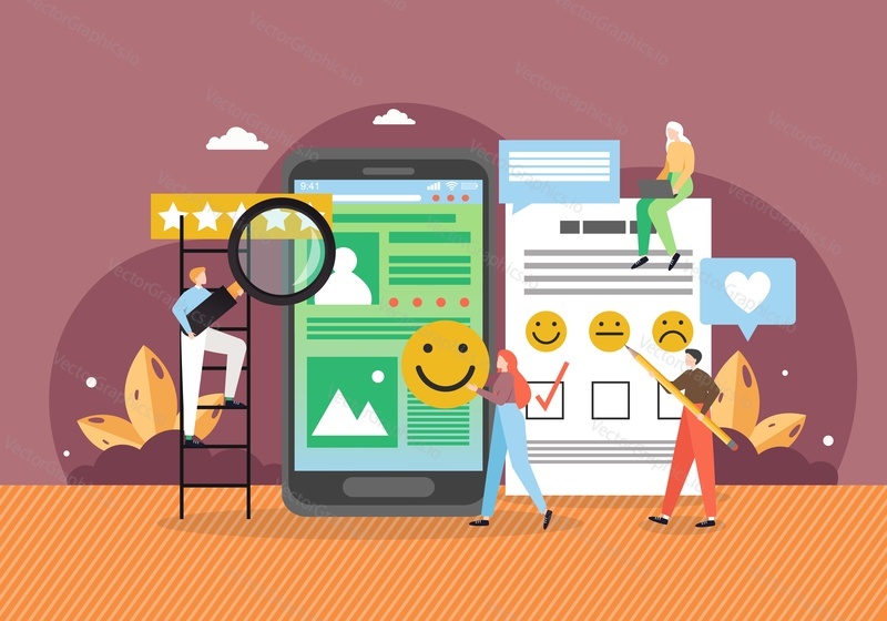 Customer review, rating, client feedback. Business people collecting stars, using smile faces in survey questions as answers, flat vector illustration. Emoji, emoticon satisfaction customer survey.