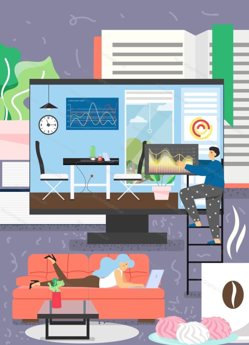 Male and female characters working from home office, vector flat style design illustration. Remote work, freelance, business people in quarantine, stay home, self isolation due to coronavirus pandemic