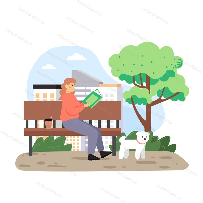 Girl reading book sitting on bench in city park, flat vector illustration. Happy woman enjoying free time walking with dog, taking rest and reading favorite magazine. Hobby and leisure, education.