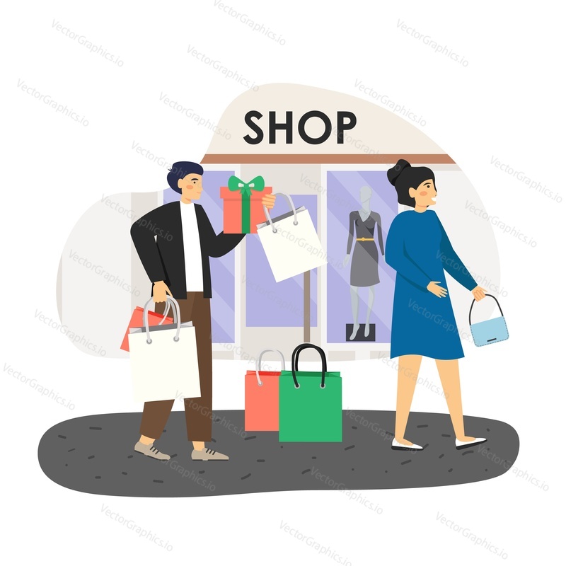 Family couple shopping in fashion boutique, flat vector illustration. Happy woman enjoying shopping. Man carrying bunch of bags and gift box. Wife and husband in women clothing store, mall.