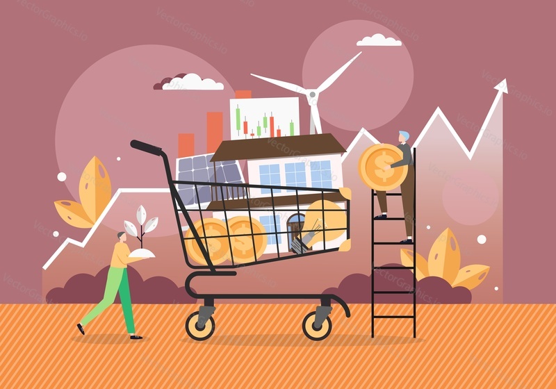 Investment in wind and solar alternative energy, property investment, flat vector illustration. Businessman putting money into cart with house, solar panel, windmills and light bulb.
