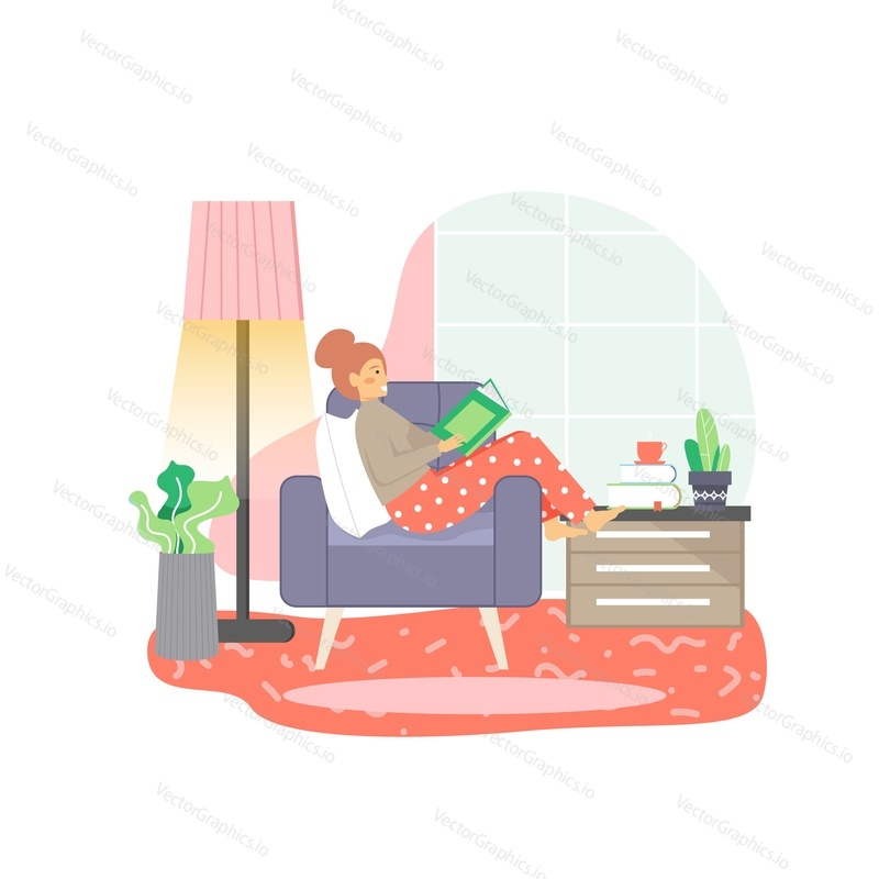 Girl reading book sitting in armchair in cozy living room, flat vector illustration. Young woman studying, taking rest at home, enjoying reading in free time. Hobby and leisure activity, education.