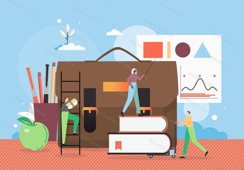 School education. Teacher female with pointer standing on pile of books, flat vector illustration. Back to school, college or university scene with tiny characters and giant stationery.