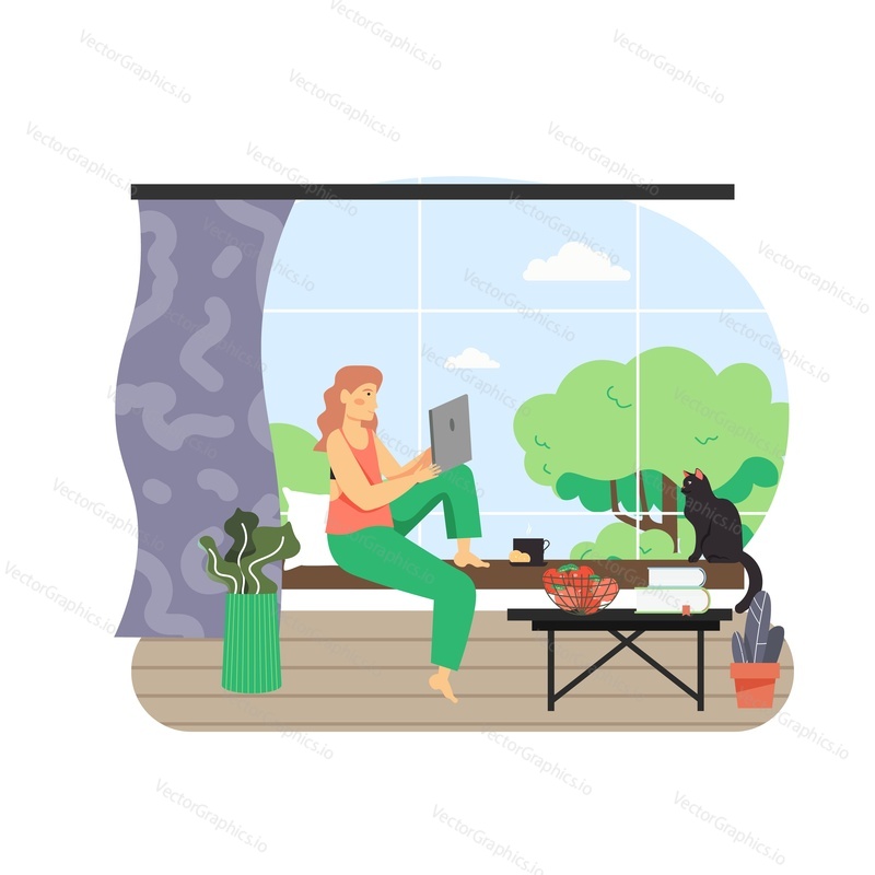 Freelance. Young woman working from home office sitting with cat on windowsill, flat vector illustration. Freelancer female character working on laptop in living room. Remote work, online learning.