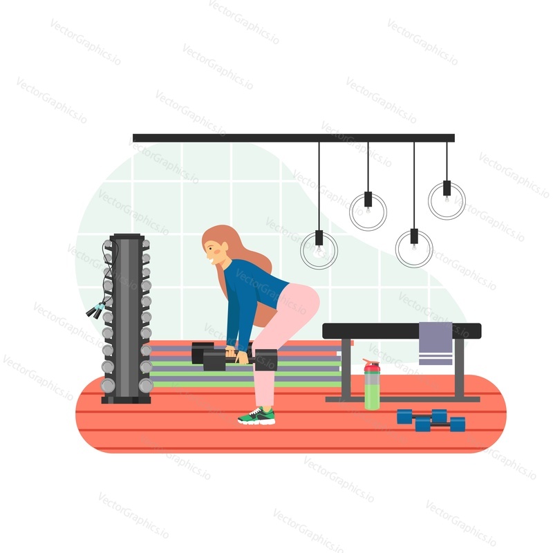 Fitness gym. Young woman doing glute exercises with dumbbells, flat vector illustration. Dumbbell deadlift workout. Sport and healthy lifestyle.