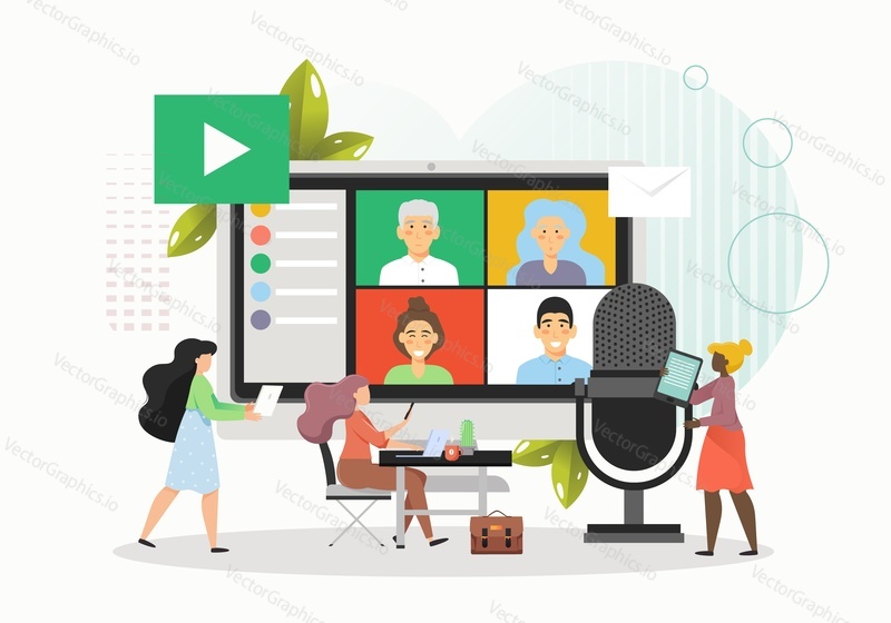 Business people holding online team meeting or video conference, flat vector illustration. Webinar, videoconferencing technology, group chat video call, communication online, virtual event.