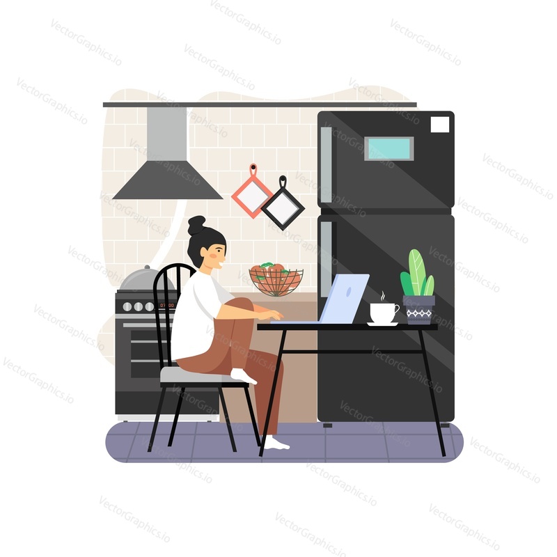 Freelance. Young woman working from home office, flat vector illustration. Freelancer female character working on laptop in kitchen. Remote work, distance education, online learning.