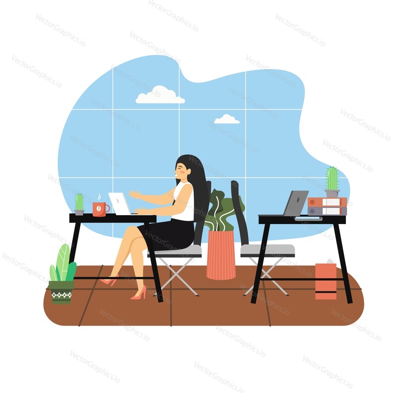 Daily life. Business woman working on laptop computer sitting at desk in office, flat vector illustration. Working time, workplace interior. Daily routine, everyday activities.