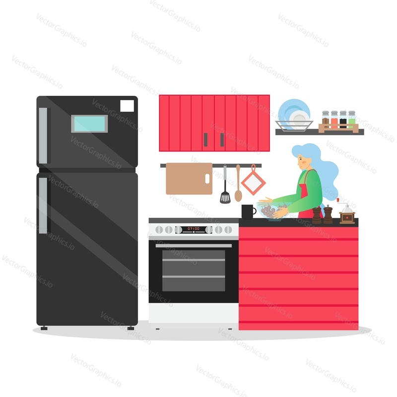 Kitchen interior and girl preparing dinner, vector flat illustration. Modern cook room furniture, fridge, cooker with oven, kitchenware. Woman home kitchen interior.