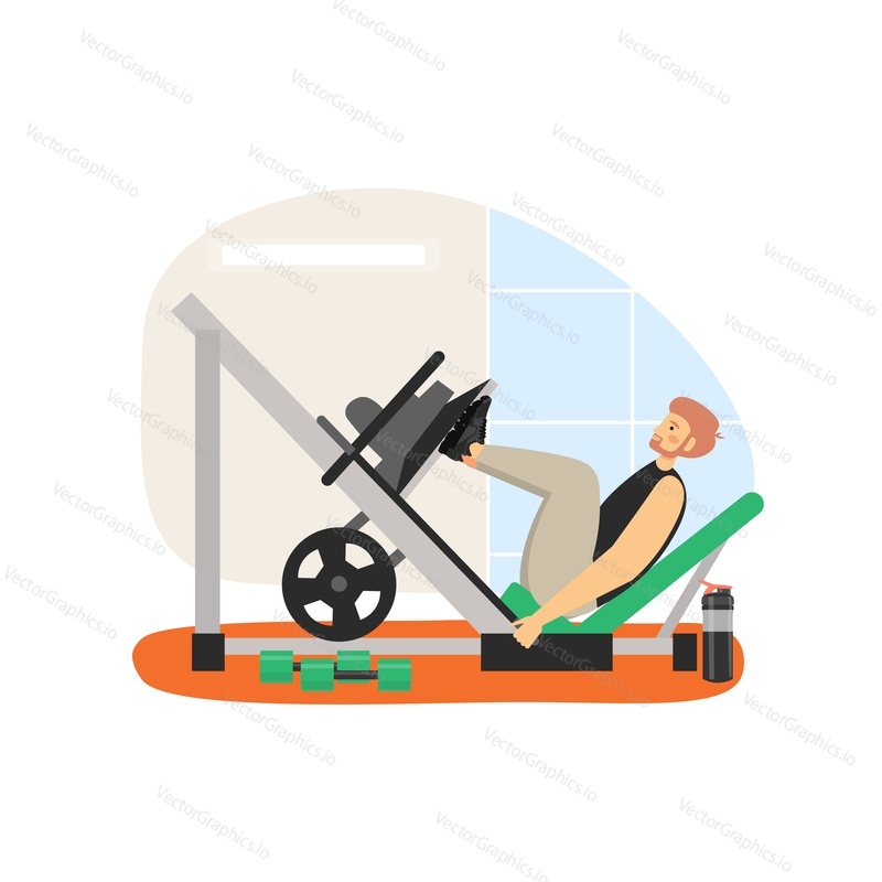 Fitness gym. Young man doing leg exercises, flat vector illustration. Leg press machine workout. Fitness equipment. Sport and healthy lifestyle.